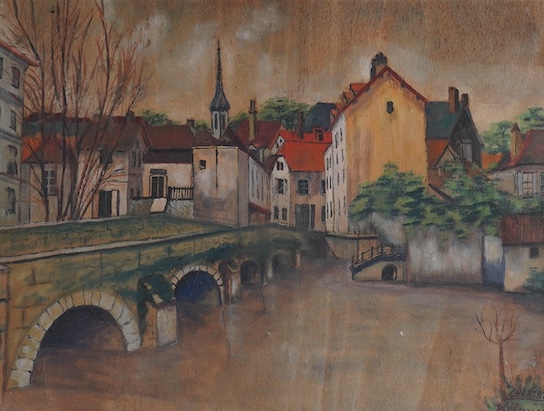 Kolansche, oil on board, 'Chartres riverscape', signed and inscribed, 31 x 42cm. Condition - warped